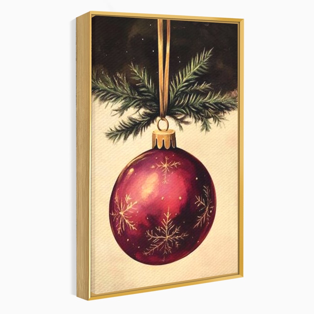 Tablou canvas cu tablou canvas cu glob de craciun visiniu, in rama de aluminiu auriu